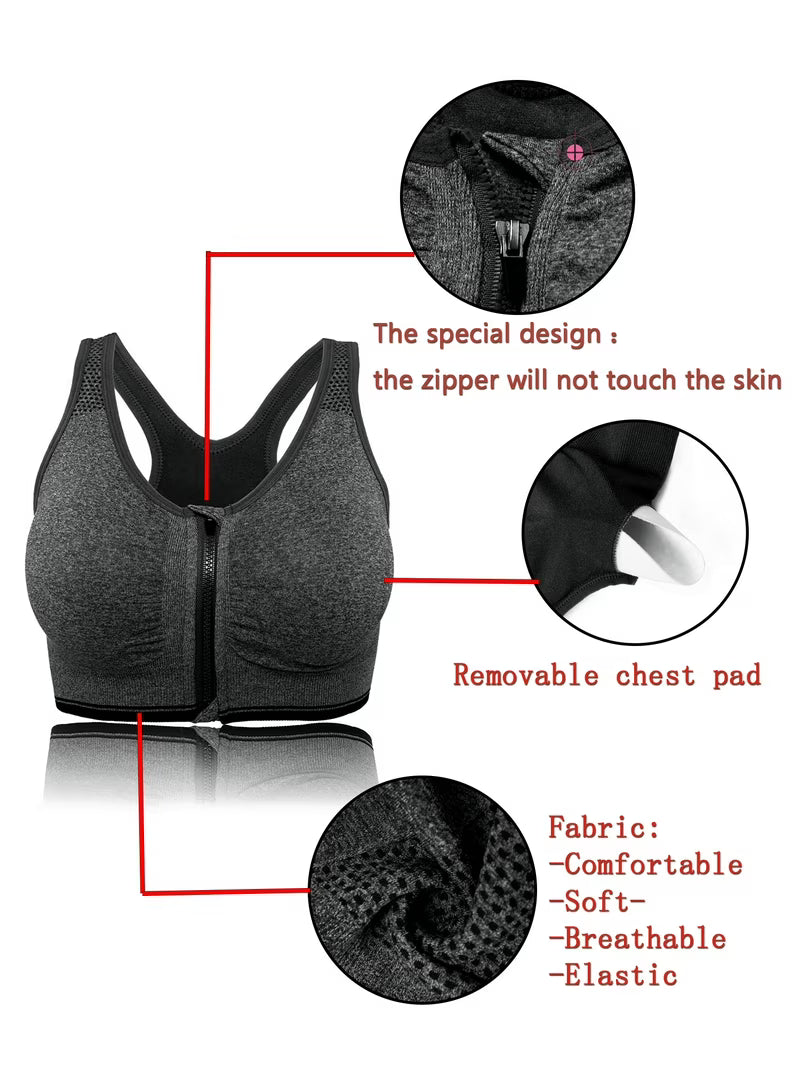 Premium Women’s Sports Bra – Front Zip, Cross Back, Hook & Adjustable High-Support Activewear Bra